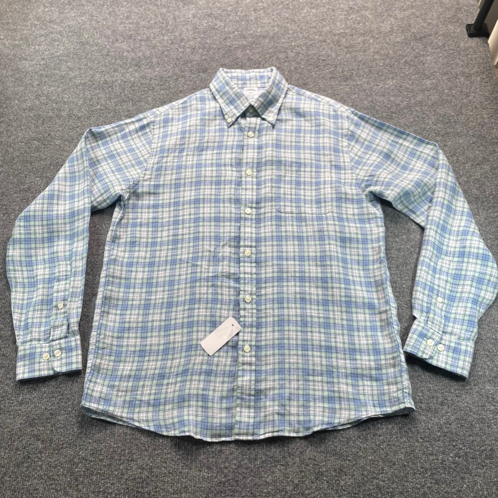 Brooks Brothers Shirt Mens Medium Blue Plaid Linen Long Sleeve Button Down